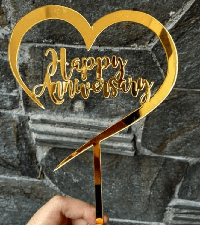 Big Heart Happy Anniversary Gold Cake Topper