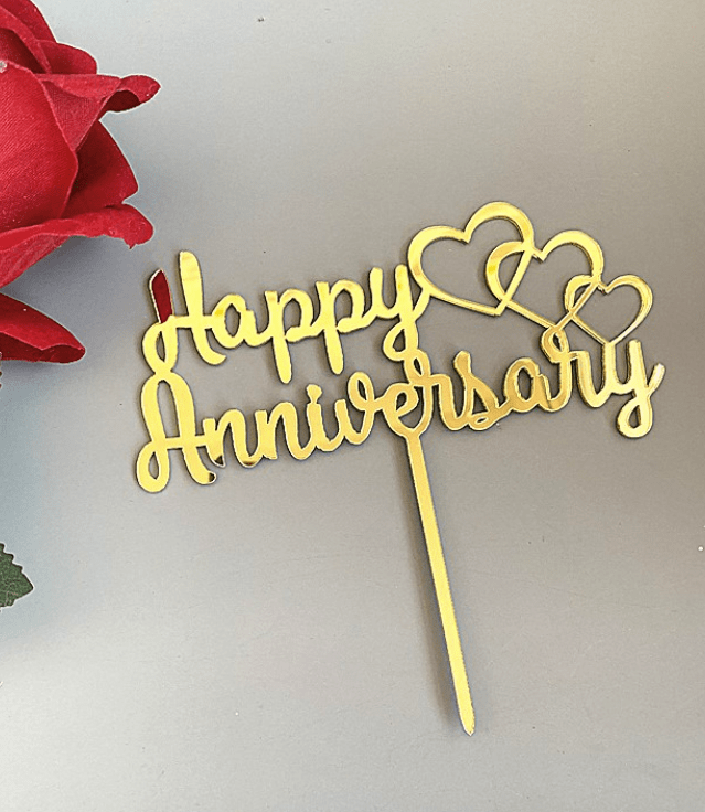 Triple Heart Happy Anniversary Gold Cake Topper