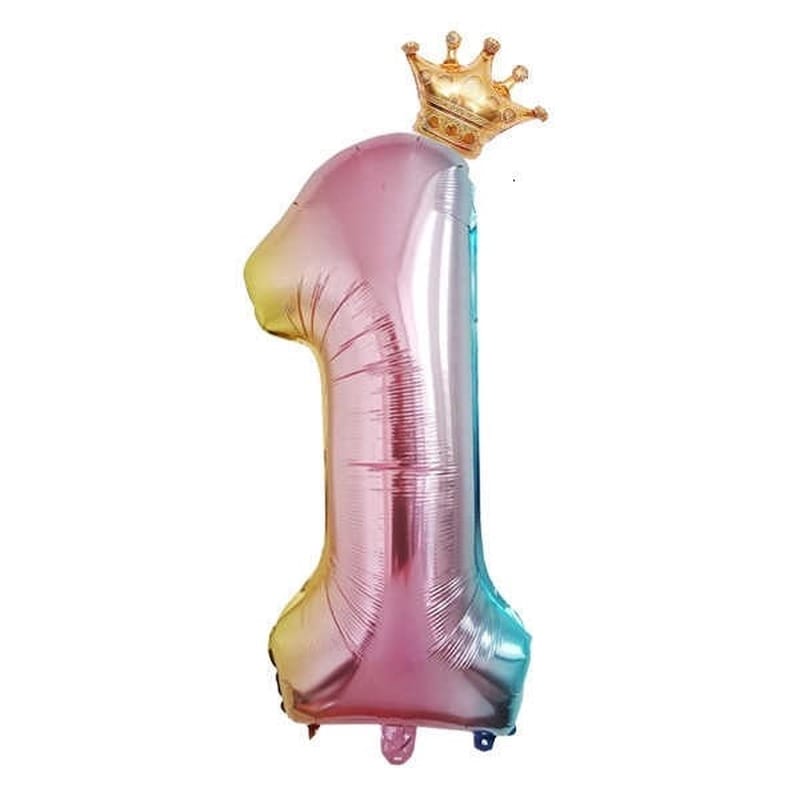 32 inch Foil Rainbow Gradient Number Balloon with 12 inch Crown - 1